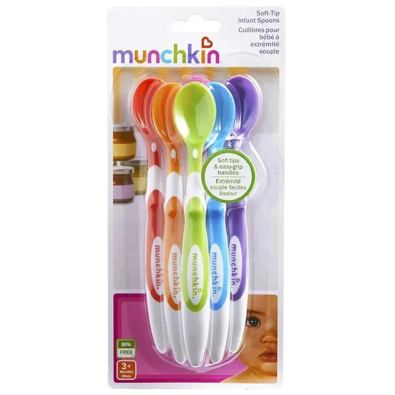 Soft-tip infant spoons in a 6-pack, featuring colorful easy-grip handles and labeled as BPA free. Suitable for ages 3 months and up.