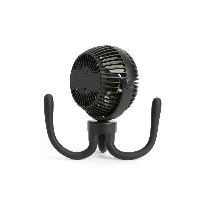 Portable black stroller fan with 4 speeds, rechargeable battery, and flexible base for easy attachment.