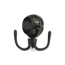 Portable black stroller fan with 4 speeds, rechargeable battery, and flexible base for easy attachment.