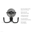 Portable baby cooling fan with 4 speeds, LED lights, flexible legs for attachment, and 360° pivoting. Rechargeable battery.