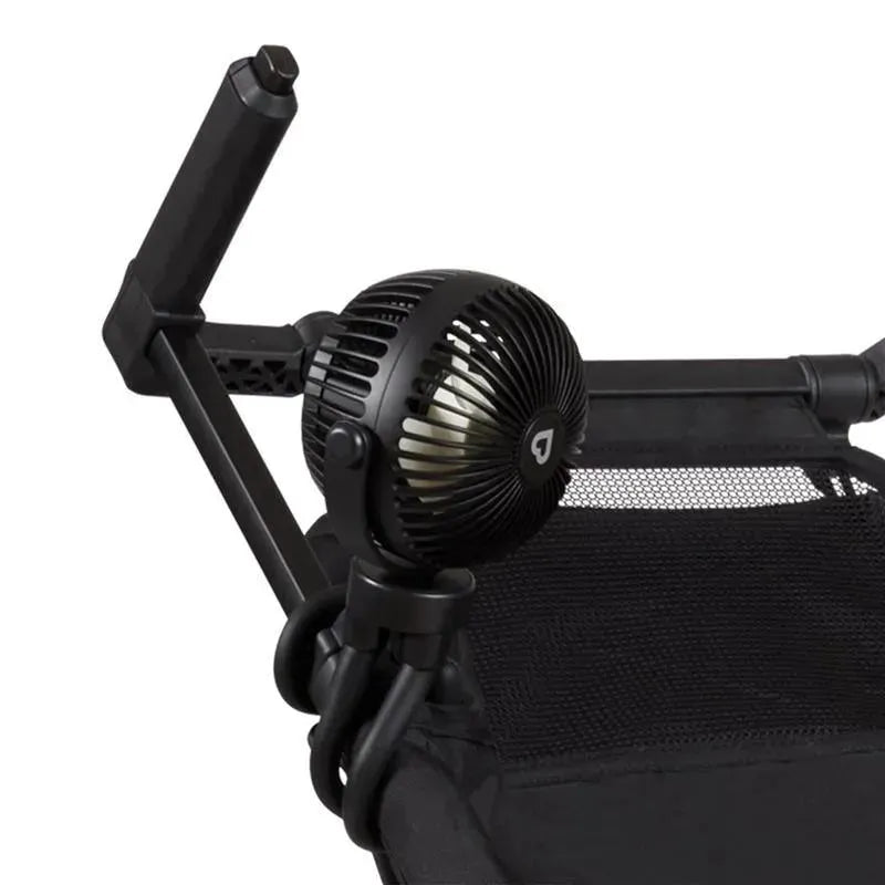 Portable stroller fan attached to a stroller, featuring a sleek black design with adjustable speed settings and a rechargeable battery.
