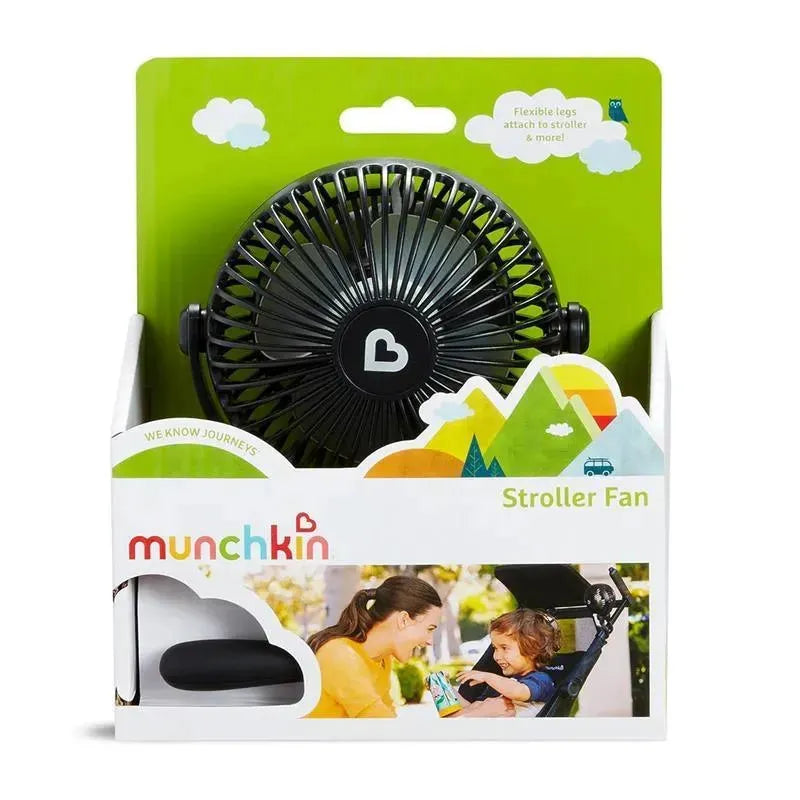 Portable stroller fan by Munchkin features four speeds, a rechargeable battery, and flexible legs for attachment.