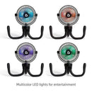 Portable baby stroller fan with four speed settings and multicolor LED lights for entertainment.