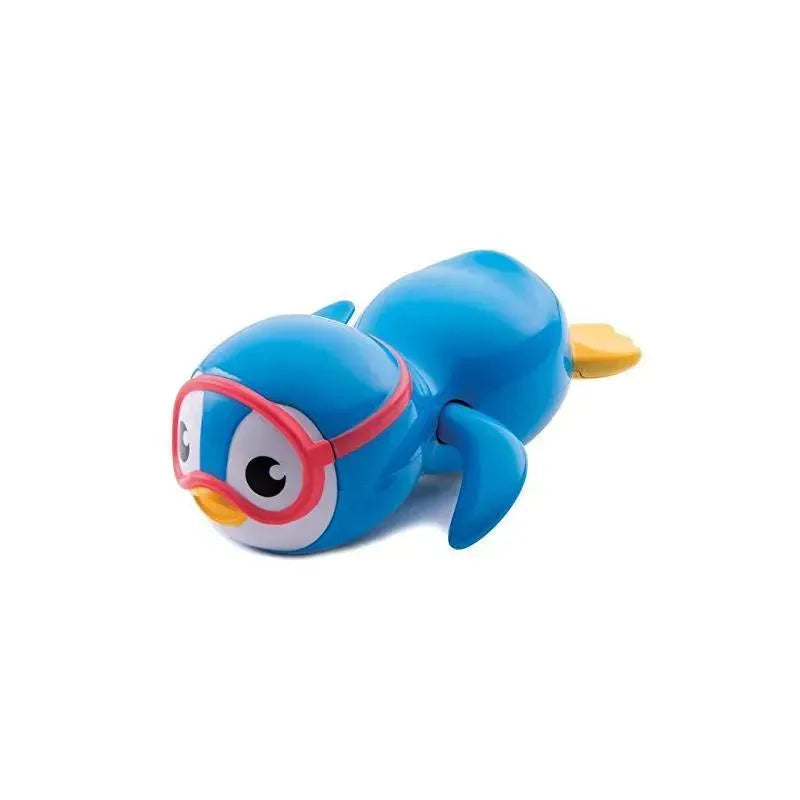 Munchkin Swimming Penguin toy in bright blue, featuring a pink swim cap and yellow feet, designed for bath play.
