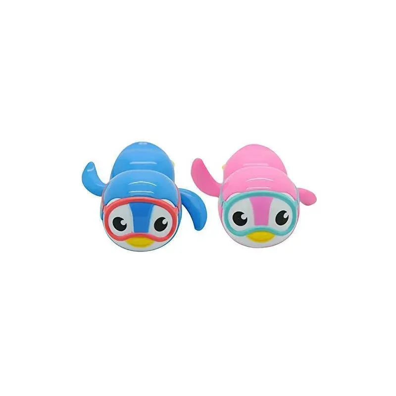 Munchkin Swimming Penguin toys in blue and pink, featuring playful designs with goggles and flippers. Colors may vary.
