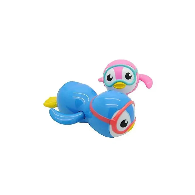 Two colorful toy penguins, one blue and one pink, designed for swimming play in water.
