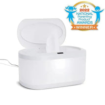 Munchkin Touchfree Wipe Warmer with a partially open lid displaying a wipe and an award badge for 2022 National Parenting Product Awards.