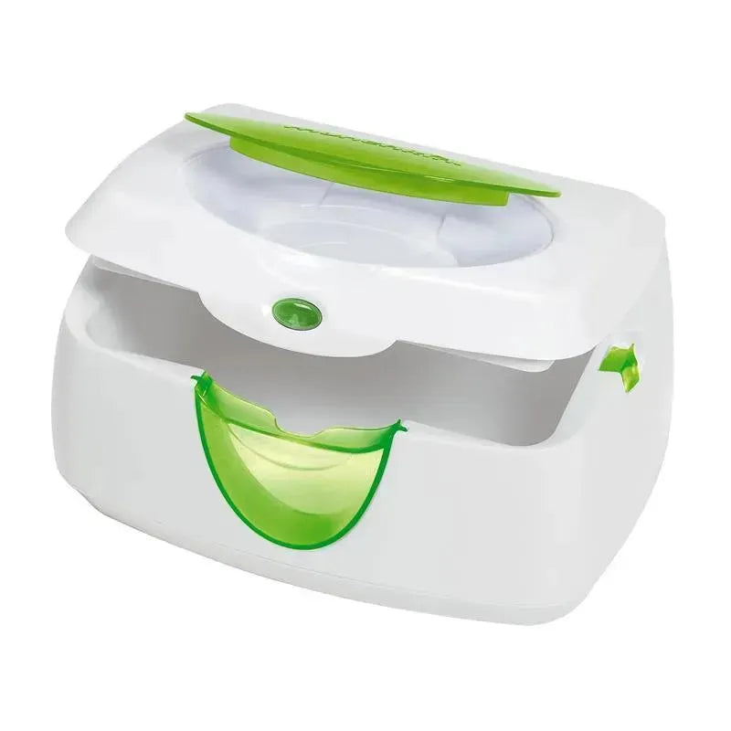 Munchkin Warm Glow Wipe Warmer in white and green with an open lid, designed to keep baby wipes warm and easily accessible.
