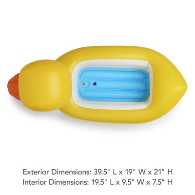 Inflatable yellow duck bath tub with a blue interior and specified dimensions listed below the product.