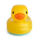 Munchkin White Hot Duck Tub, a yellow inflatable duck bath toy with an orange beak and black eyes.
