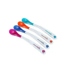 Four Munchkin White Hot infant spoons in pink, purple, blue, and orange, featuring heat-sensitive tips and ergonomic handles.