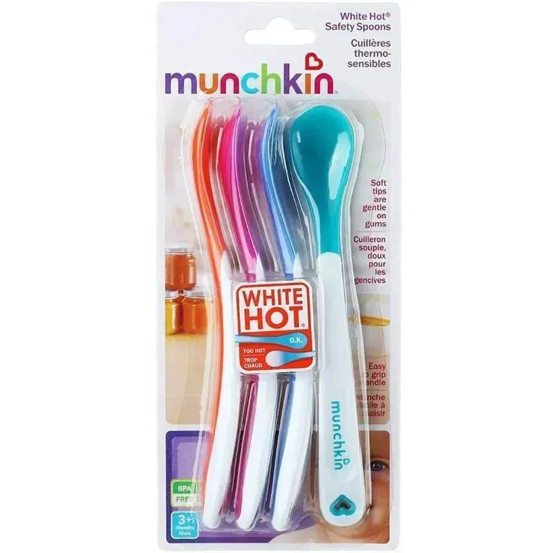 Munchkin White Hot Infant Spoons pack includes four safety spoons with soft tips, featuring color-changing technology.