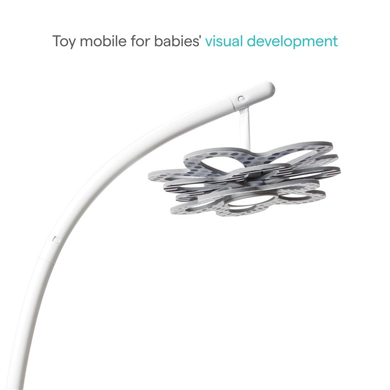 High-contrast baby mobile with a mirror, designed to stimulate visual development in infants.