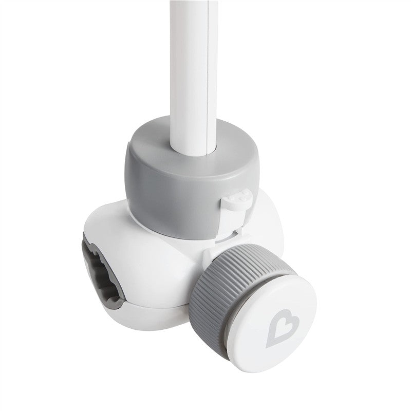 High-contrast infant mobile base with a gray and white design, featuring an adjustable knob for Munchkin Swing.