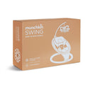 High-contrast Munchkin Baby Bloom mobile packaging for infant swing, featuring attachment instructions and a mirror.