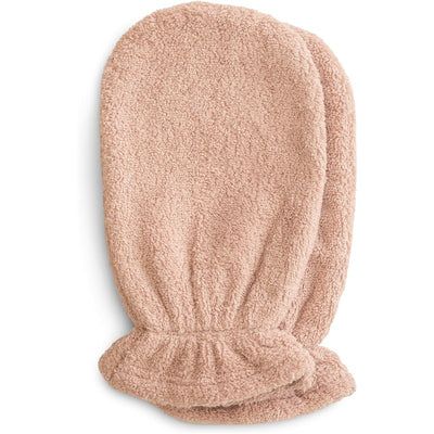 Organic cotton bath mitts in blush color, featuring a soft, textured surface and gathered cuff, sold as a 2-pack.
