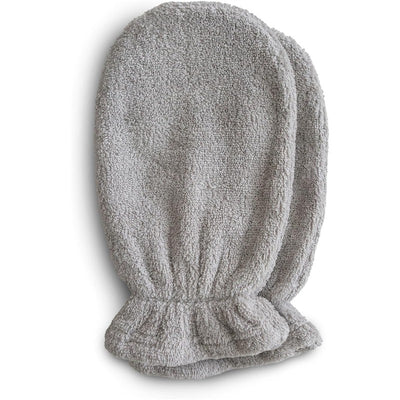 Organic cotton bath mitts in gray, featuring a soft textured surface and gathered wrist design. Two mitts included.
