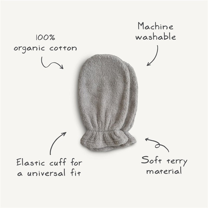 Organic cotton bath mitts in gray, featuring elastic cuffs and soft terry material; machine washable.