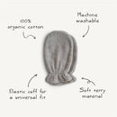 Organic cotton bath mitts in gray, featuring elastic cuffs and soft terry material; machine washable.