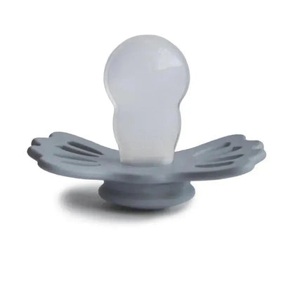 Symmetrical silicone pacifier in Gray and Silver Gray, suitable for infants 6 to 18 months, with a round teat and decorative base.