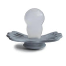 Symmetrical silicone pacifier in Gray and Silver Gray, suitable for infants 6 to 18 months, with a round teat and decorative base.