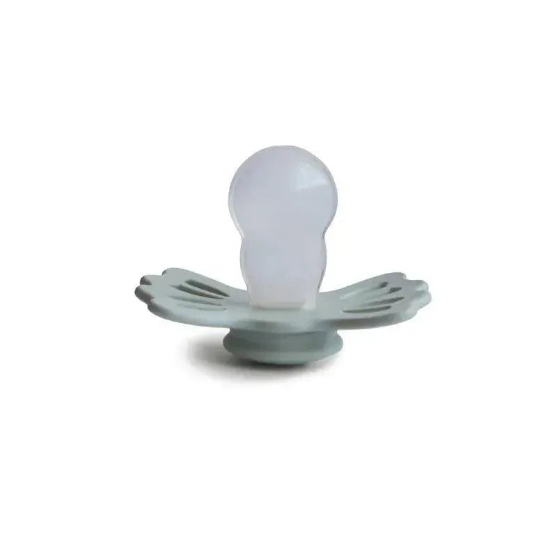 Symmetrical silicone pacifier in sage green and silver gray, designed for babies aged 6 to 18 months.