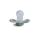Symmetrical silicone pacifier in sage green and silver gray, designed for babies aged 6 to 18 months.