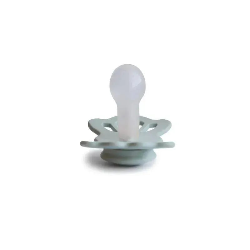 Sage and silver gray silicone pacifier with a symmetrical design, suitable for babies aged 6 to 18 months.