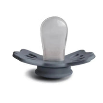 Sage and gray silicone pacifier designed for babies aged 0 to 6 months, featuring a symmetrical shape and soft design.