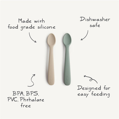Silicone feeding spoons in dried thyme and natural colors, made from food-grade silicone, dishwasher safe, BPA-free.