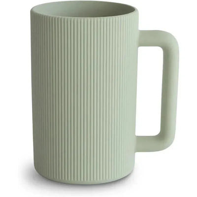 Mushie Bath Rinse Cup in sage green, featuring a ribbed design and a sturdy handle for easy use.