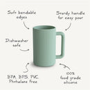 Mushie Bath Rinse Cup in natural green silicone with soft bendable edges, sturdy handle, and dishwasher safe features.