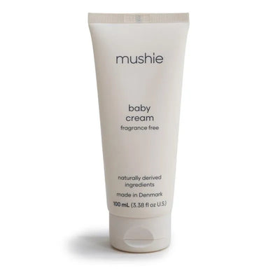 Mushie baby cream in a 100 ml tube, fragrance-free, made with naturally derived ingredients, from Denmark.