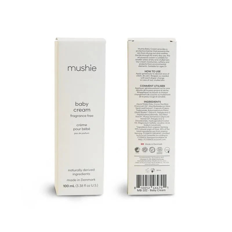 Mushie Baby Cream 100 ml in a white box, labeled fragrance-free, with ingredient list and usage instructions on the back.