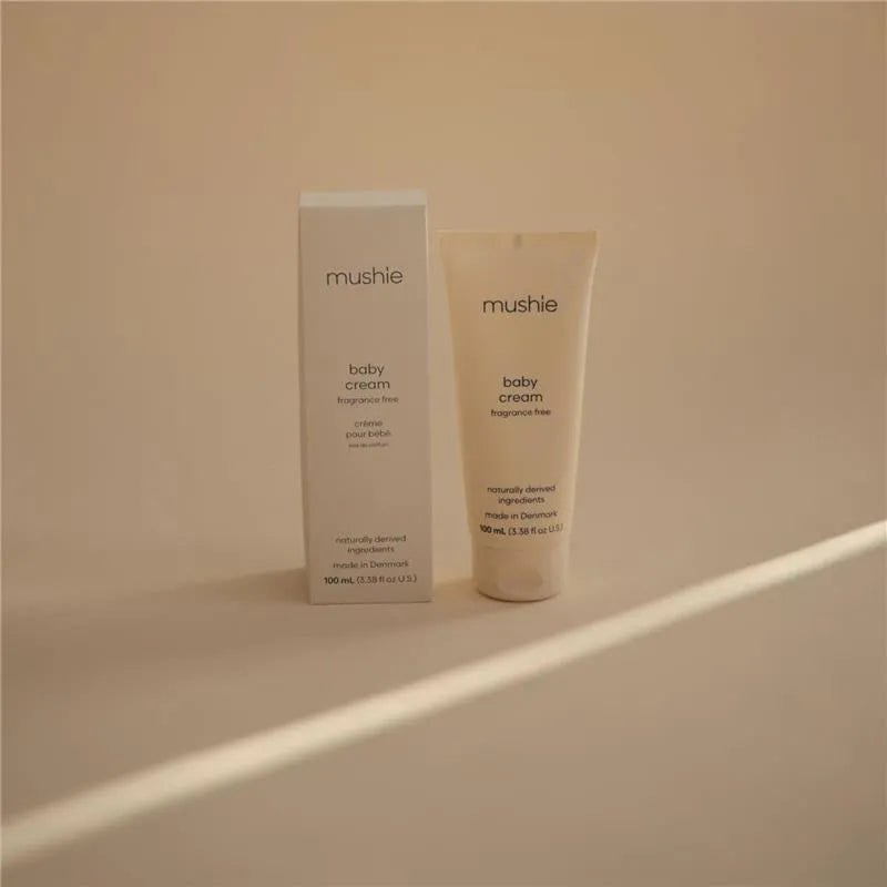 Mushie baby cream in a 100 ml tube and box, fragrance-free, made from naturally derived ingredients.