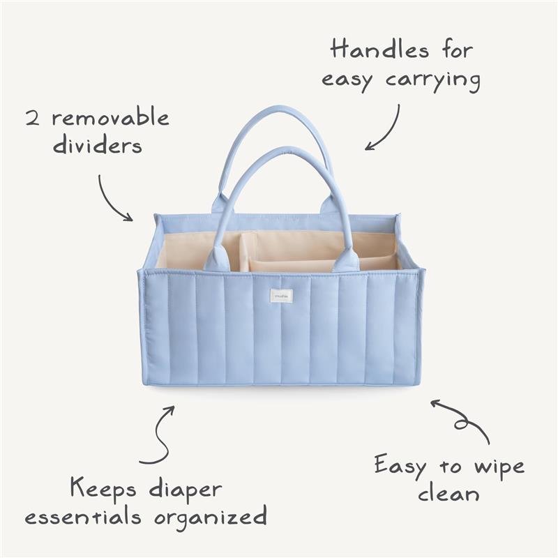 Mushie Baby Diaper Caddy in blue, featuring two removable dividers, handles for easy carrying, and a cleanable design.