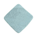 Organic cotton hooded towel in sea mist color, featuring a soft, textured surface and rounded corner.