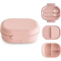 Mushie Bento Lunch Box in blush color, featuring a two-compartment design with included cutlery.