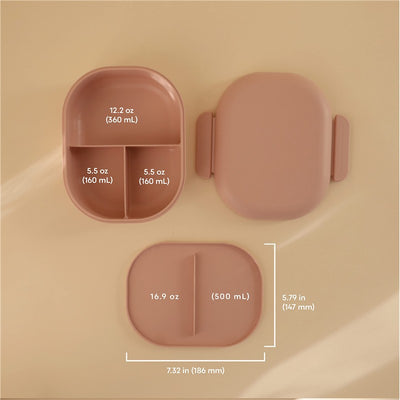 Mushie Bento Lunch Box in blush color with three compartments, labeled for volume: 12.2 oz, 5.5 oz, and 16.9 oz.