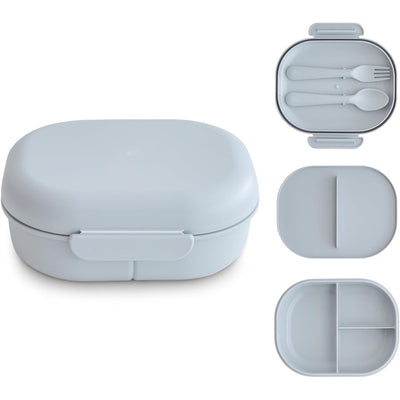 Mushie Bento Lunch Box in cloud color, featuring a spacious main compartment and included utensils.