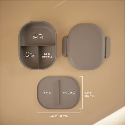 Mushie Bento Lunch Box in Cloud color, featuring one compartment with three sections and two additional rectangular containers with measurement labels.