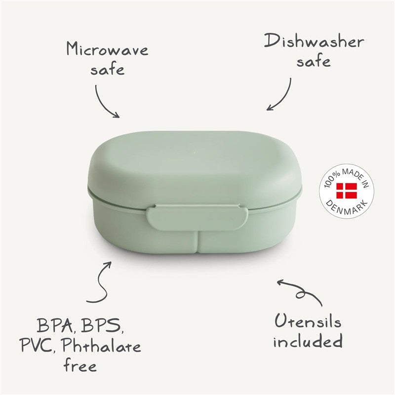 Mushie Bento Lunch Box in cloud color, microwave and dishwasher safe, BPA-free, with utensils included.