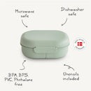Mushie Bento Lunch Box in cloud color, microwave and dishwasher safe, BPA-free, with utensils included.