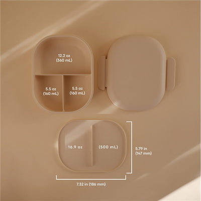 Ivory Mushie Bento Lunch Box with two compartments, volume labels, and measurements for portion sizes.
