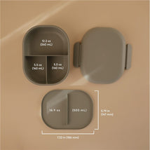Mushie Bento Lunch Box in sage color, featuring three sections with various capacities labeled in ounces and milliliters.
