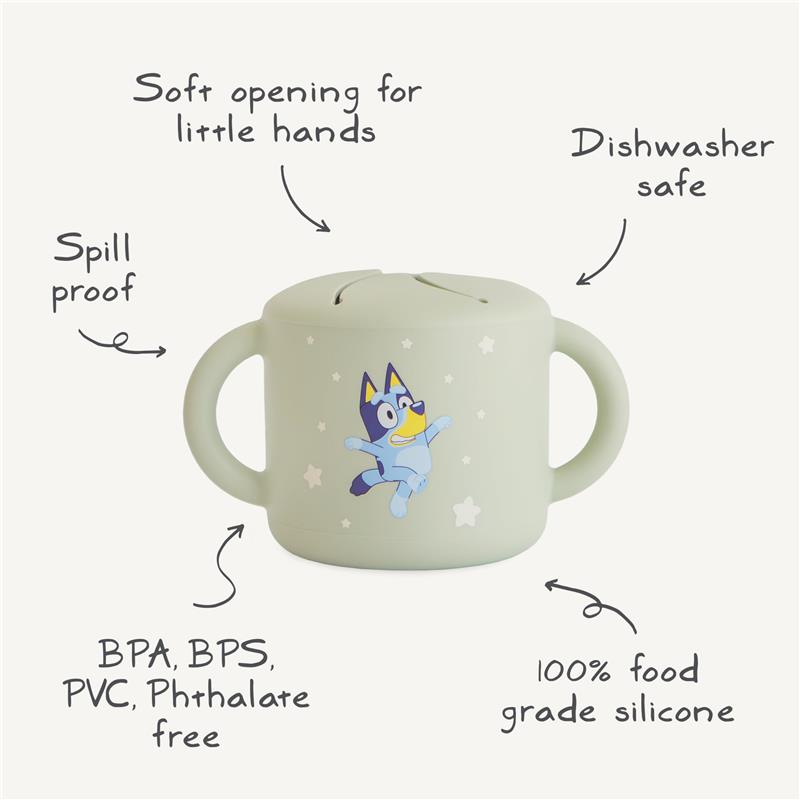 Mushie Bluey X Mushie Snack Cup in sage green, featuring a cartoon character design, with spill-proof, soft opening, and dishwasher safe.