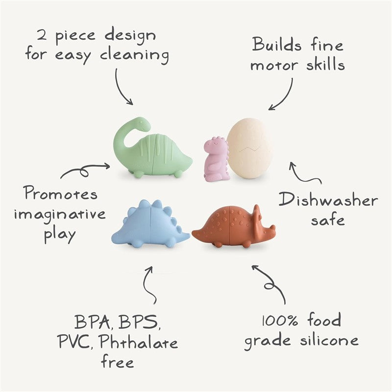 Mushie Dino Mold Free Bath Play Set features four colorful silicone dinosaur figures designed for imaginative play and fine motor skill development.