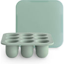 Mushie Fresh Food Feeder Freezer Tray in Cambridge Blue, featuring a tray with six round compartments and a matching lid.
