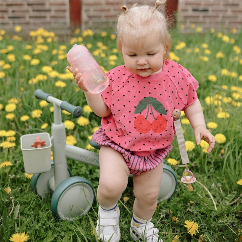 Toddler holding a pink water bottle while wearing a cherry print top, with a pacifier clip attached, seated near a gray ride-on toy in a field of dandelions.