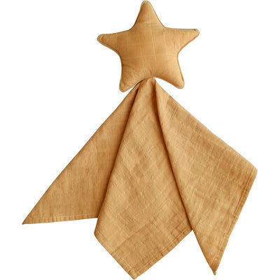Soft fall yellow star lovey blanket with a star-shaped head and triangular fabric arms, ideal for comforting infants.